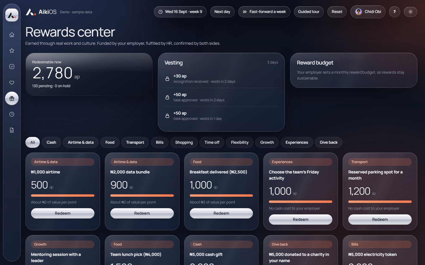 Rewards center showing a redeemable points balance, vesting points, reward categories and rewards such as airtime, a data bundle and breakfast.